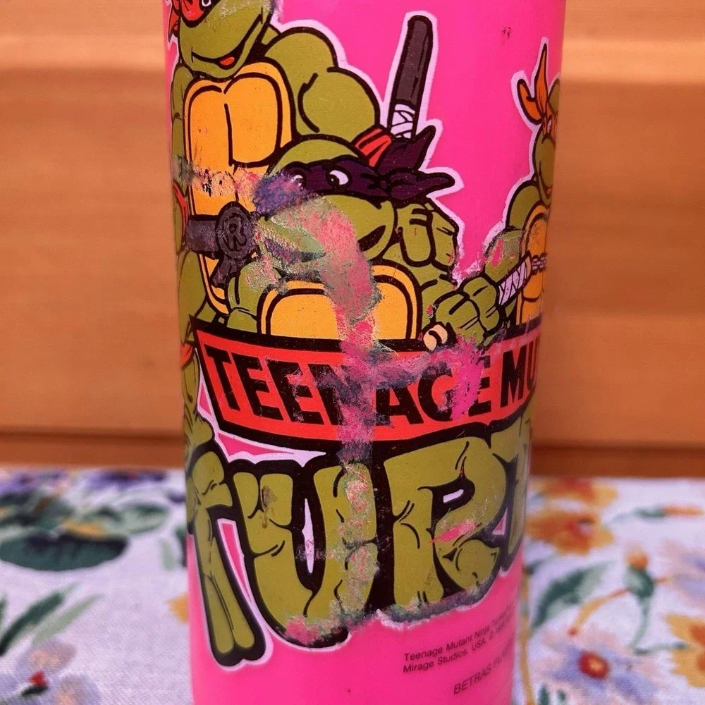 VTG 80s TMNT Teenage Mutant Ninja Turtles Water Bottle Straw Cap Pink Retro GLOW
